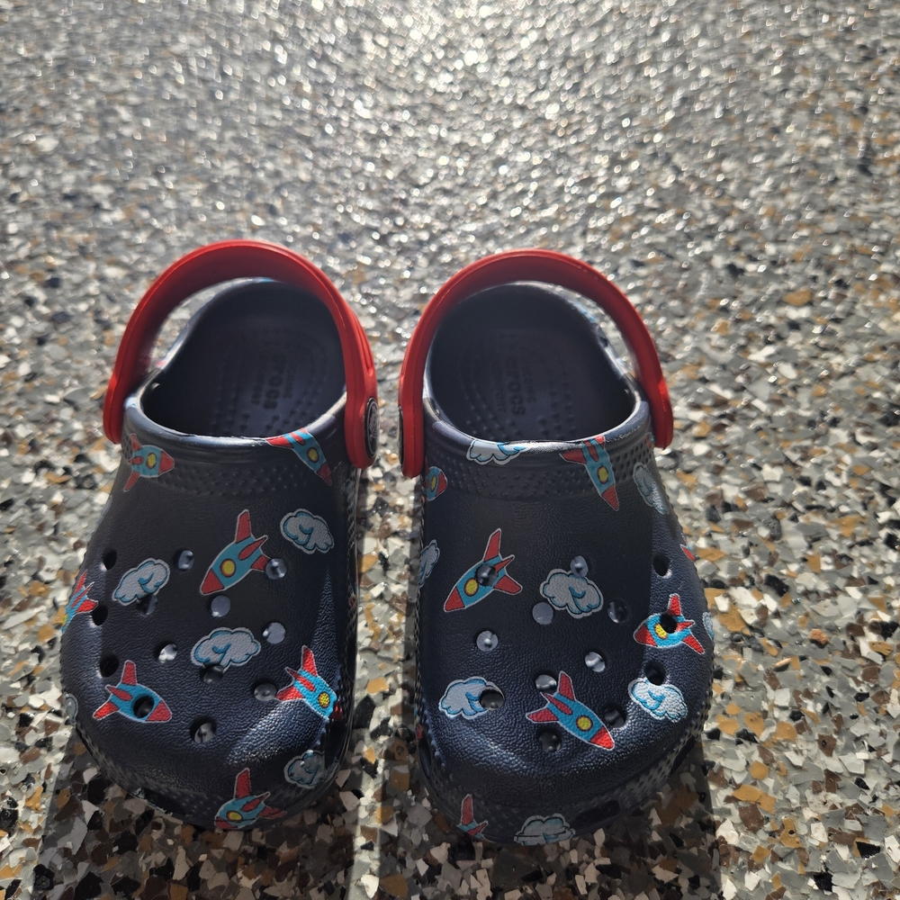 Toddler Rocket Ship Print Crocs with Red Strap